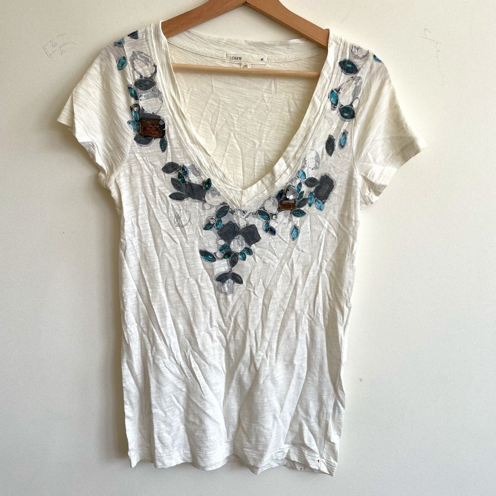 J.Crew Women's Jeweled Necklace V-Neck Tee, size Small
